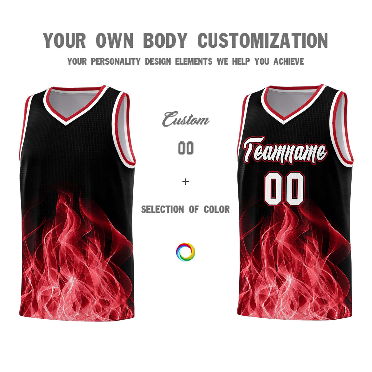 Custom Youth Basketball Jersey Black Red Flame Design Personalized Team Uniform Set