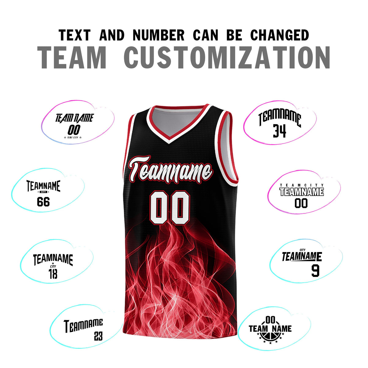Custom Youth Basketball Jersey Black Red Flame Design Personalized Team Uniform Set