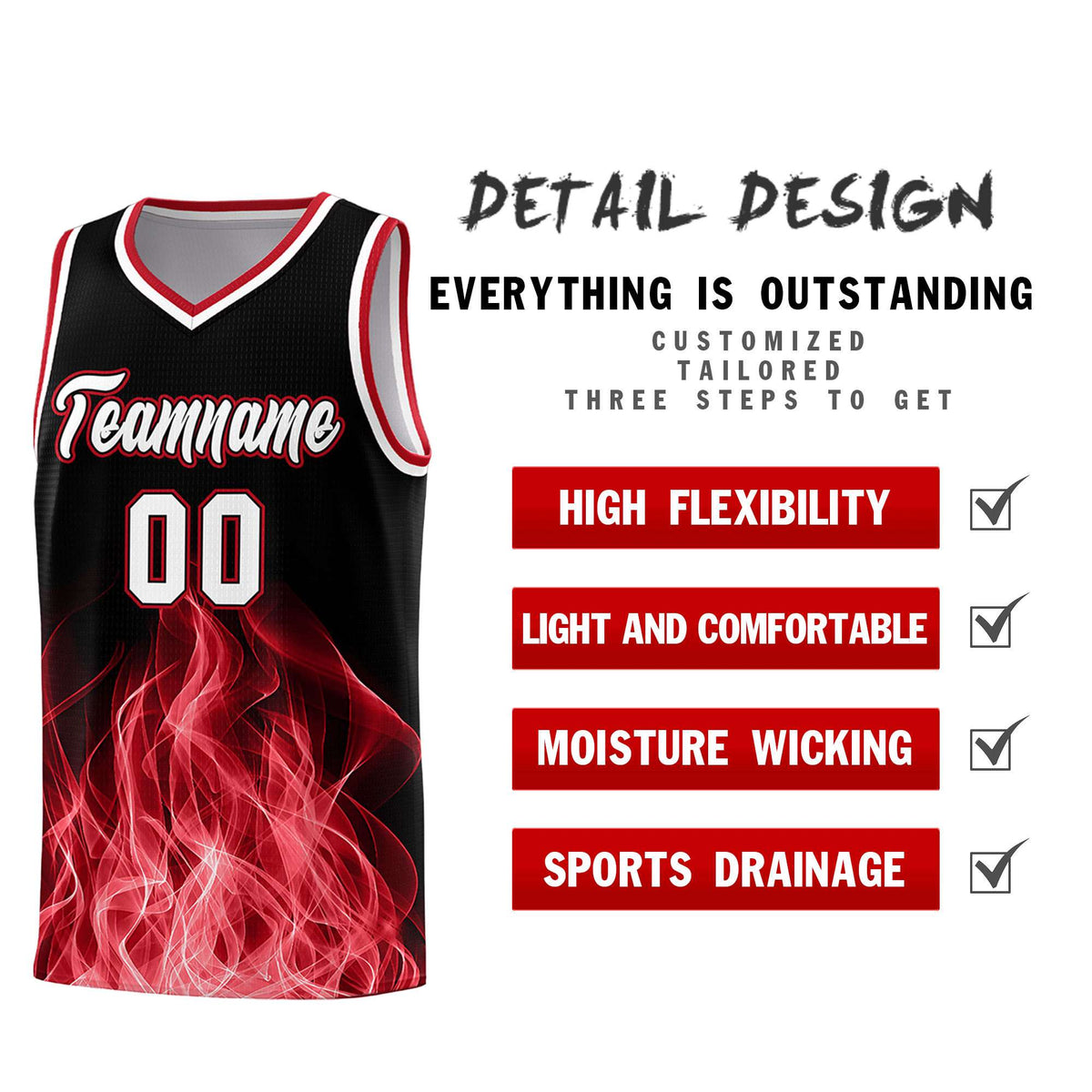 Custom Youth Basketball Jersey Black Red Flame Design Personalized Team Uniform Set