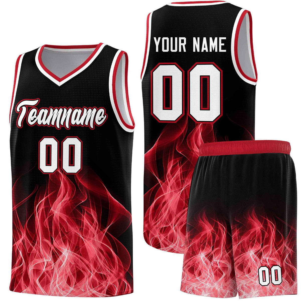 Custom Youth Basketball Jersey Black Red Flame Design Personalized Team Uniform Set