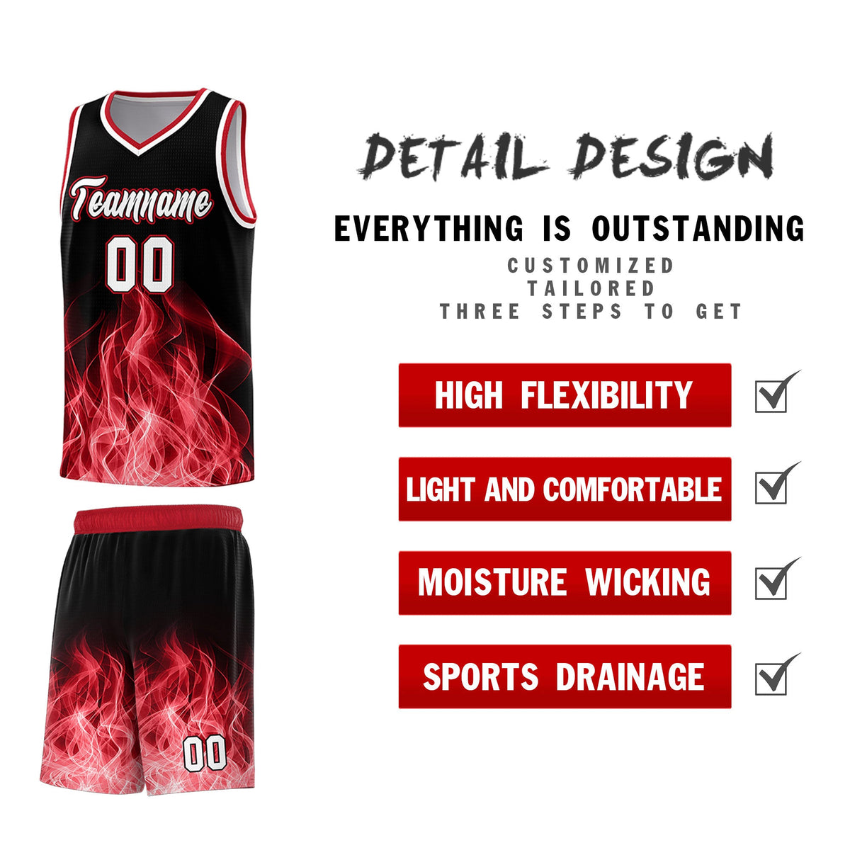 Custom Youth Basketball Jersey Black Red Flame Design Personalized Team Uniform Set