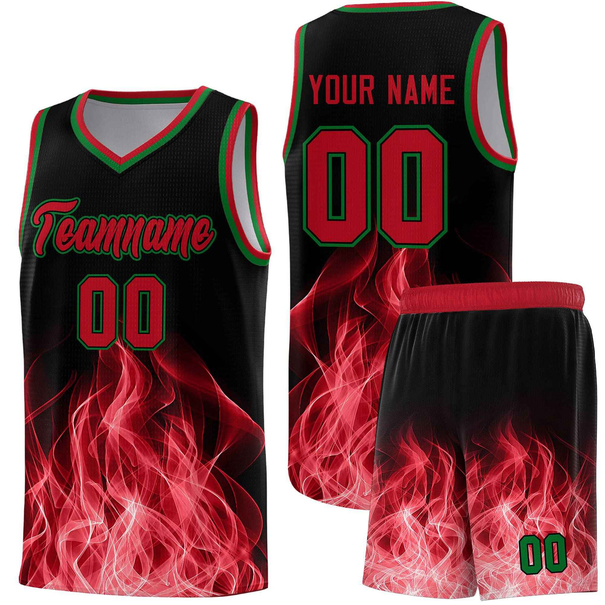 Custom Youth Basketball Jersey Black Red Flame Fire Design Personalized Team Uniform Set