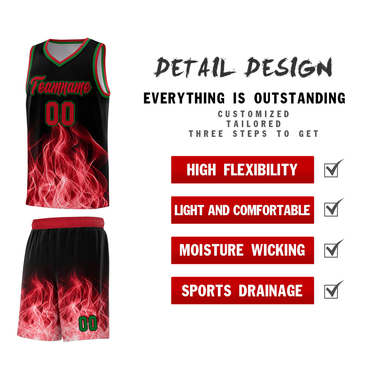 Custom Youth Basketball Jersey Black Red Flame Fire Design Personalized Team Uniform Set