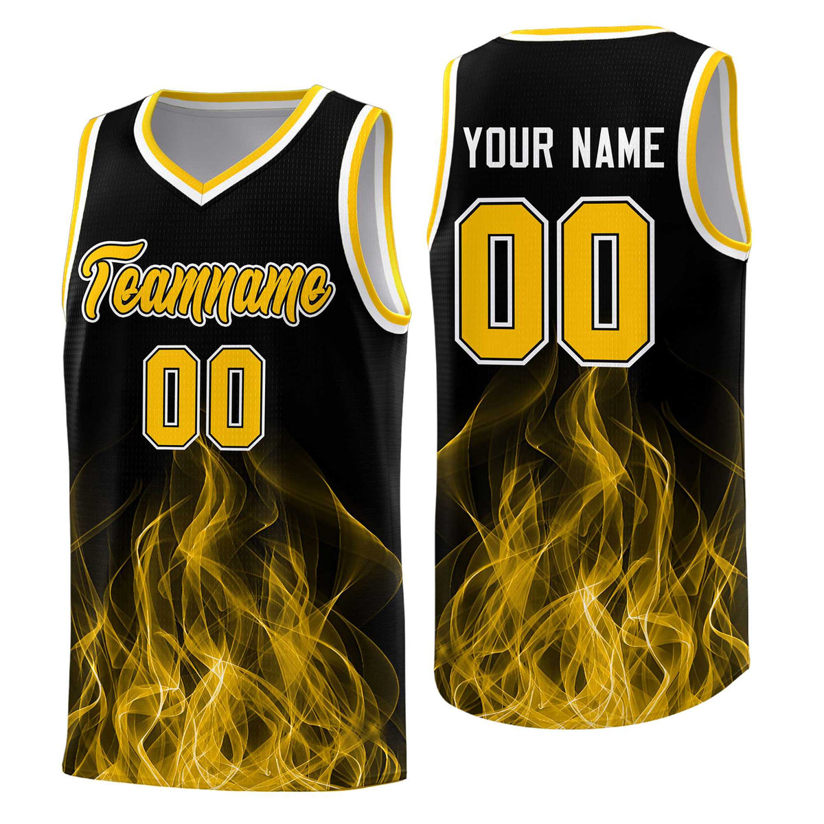 Custom Youth Basketball Jersey Black Yellow Flame Fire Design Personalized Team Uniform Set