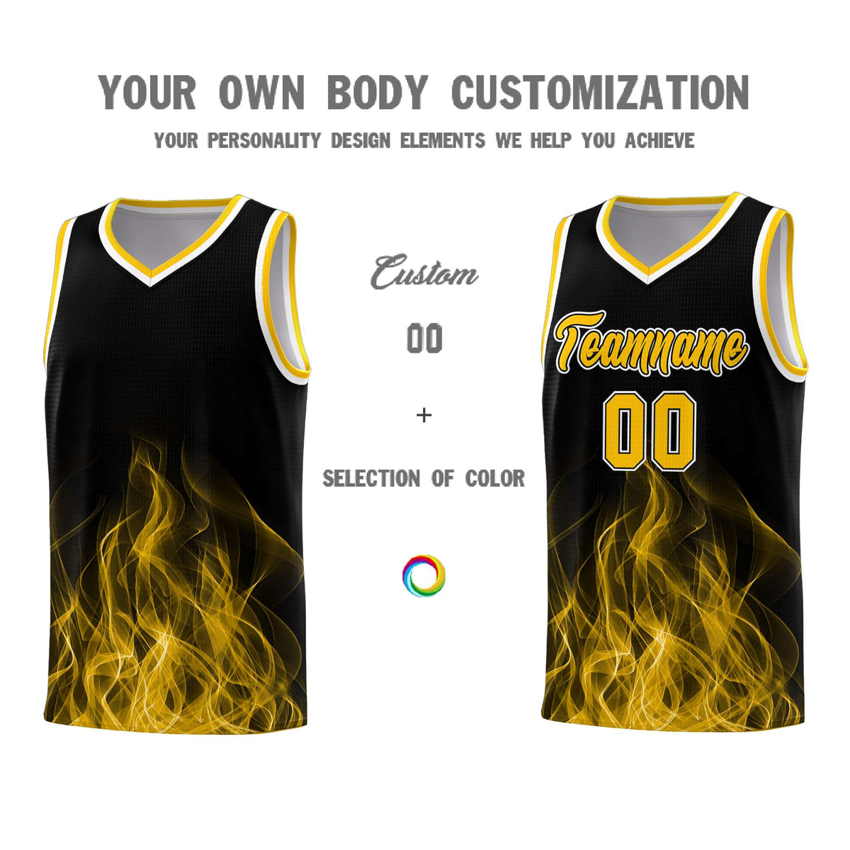 Custom Youth Basketball Jersey Black Yellow Flame Fire Design Personalized Team Uniform Set