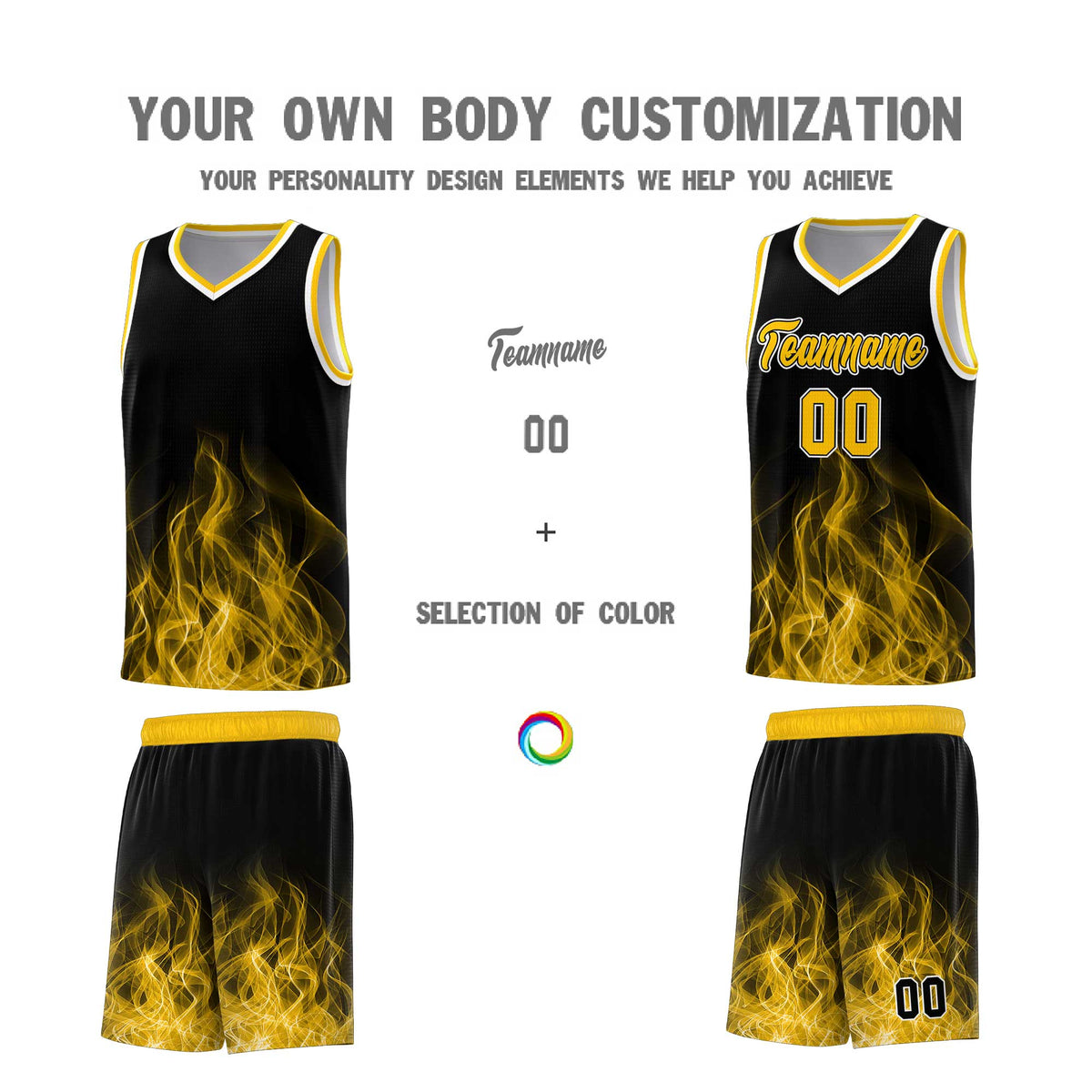 Custom Youth Basketball Jersey Black Yellow Flame Fire Design Personalized Team Uniform Set
