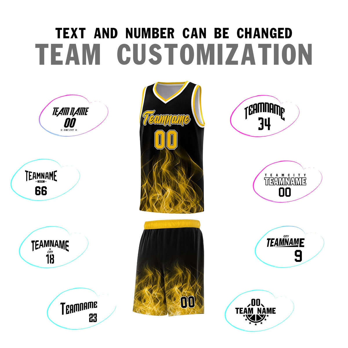 Custom Youth Basketball Jersey Black Yellow Flame Fire Design Personalized Team Uniform Set