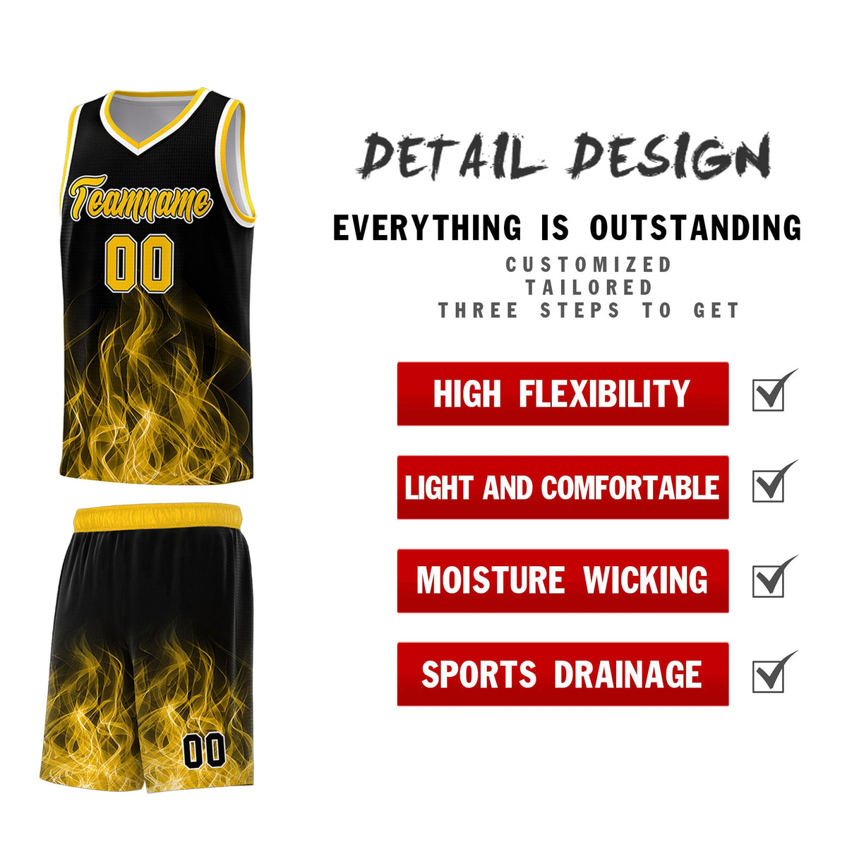 Custom Youth Basketball Jersey Black Yellow Flame Fire Design Personalized Team Uniform Set