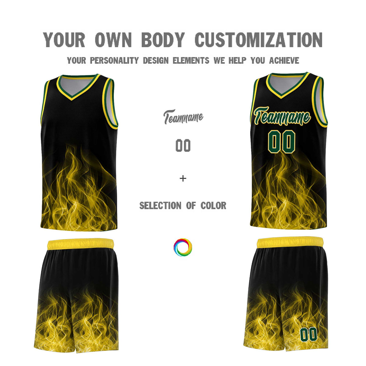 Custom Youth Basketball Jersey Black Gold Flame Design Personalized Team Uniform Set
