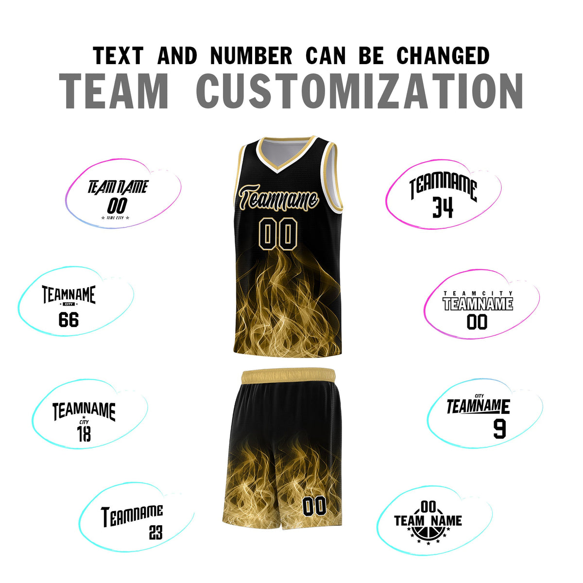 Custom Youth Basketball Jersey Black Old Gold Flame Fire Design Personalized Team Uniform Set