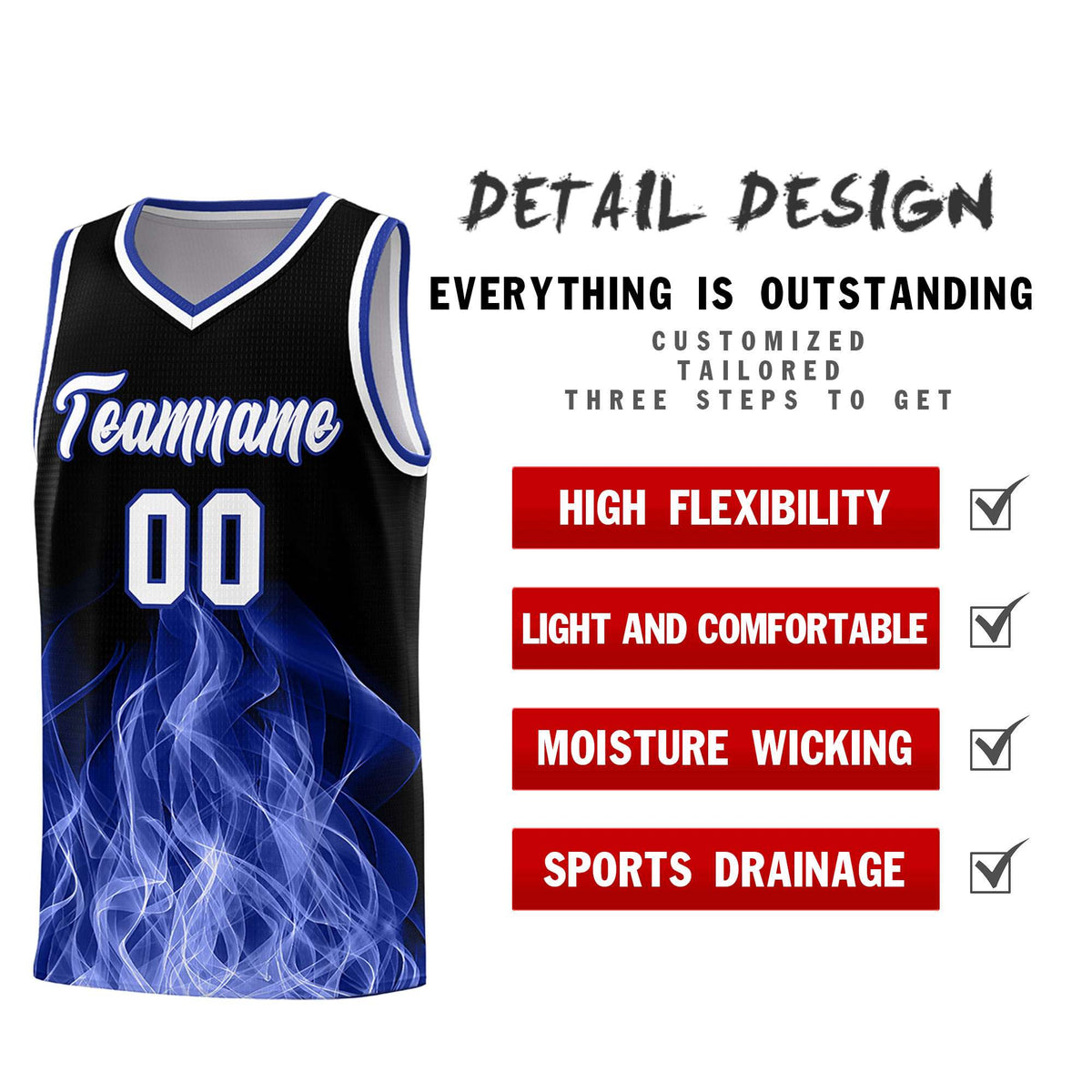 Custom Youth Basketball Jersey Black Royal Flame Design Personalized Team Uniform Set