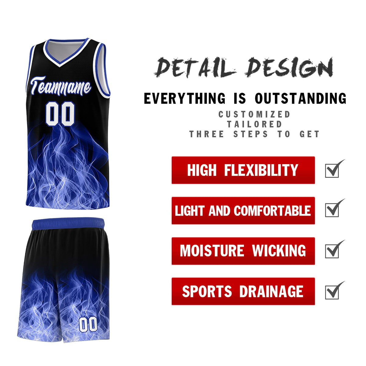 Custom Youth Basketball Jersey Black Royal Flame Design Personalized Team Uniform Set