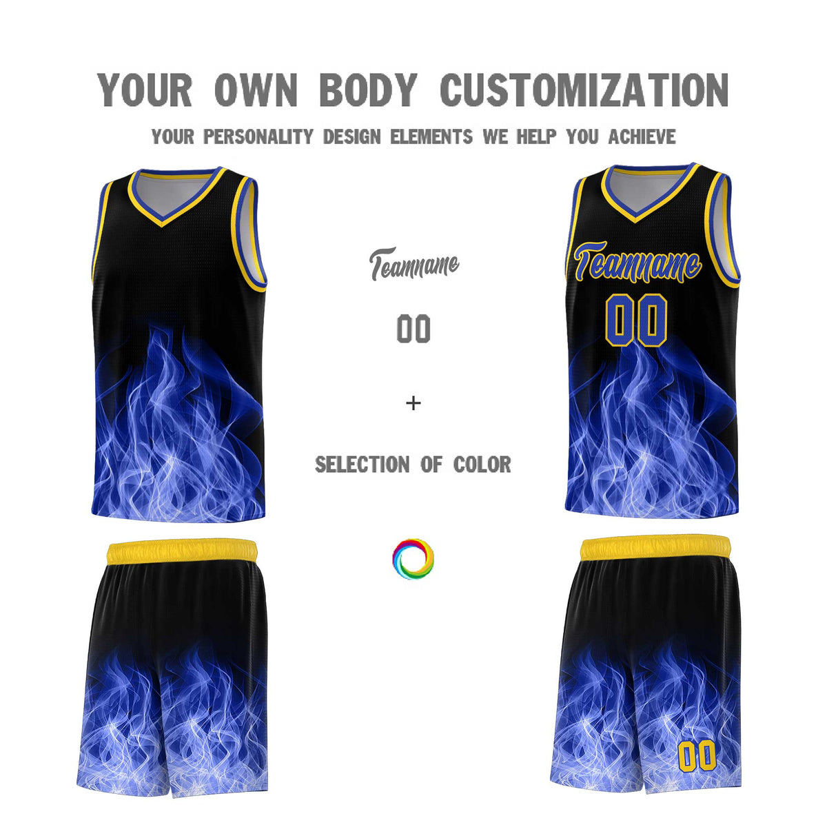 Custom Youth Basketball Jersey Black Gold Flame Fire Design Personalized Team Uniform Set