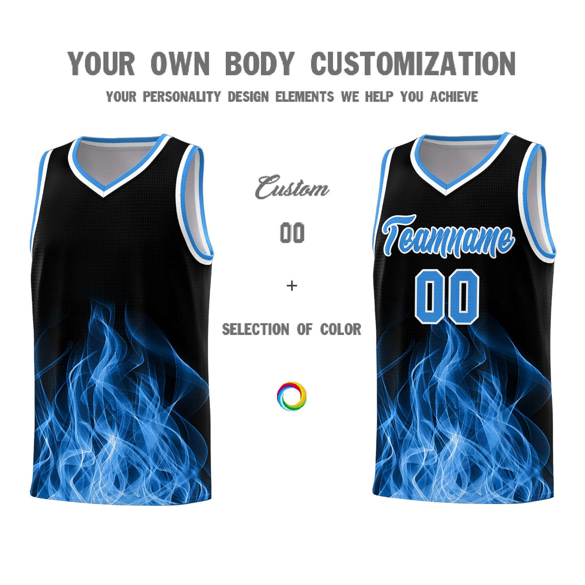 Custom Youth Basketball Jersey Black Light Blue Flame Design Unique Team Uniform Set
