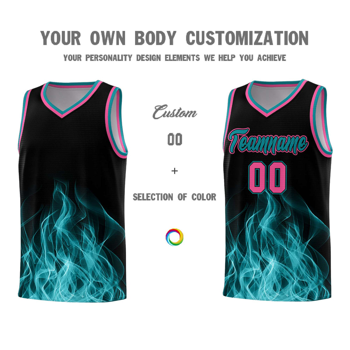 Custom Youth Basketball Jersey Black Teal Flame Fire Design Personalized Team Uniform Set