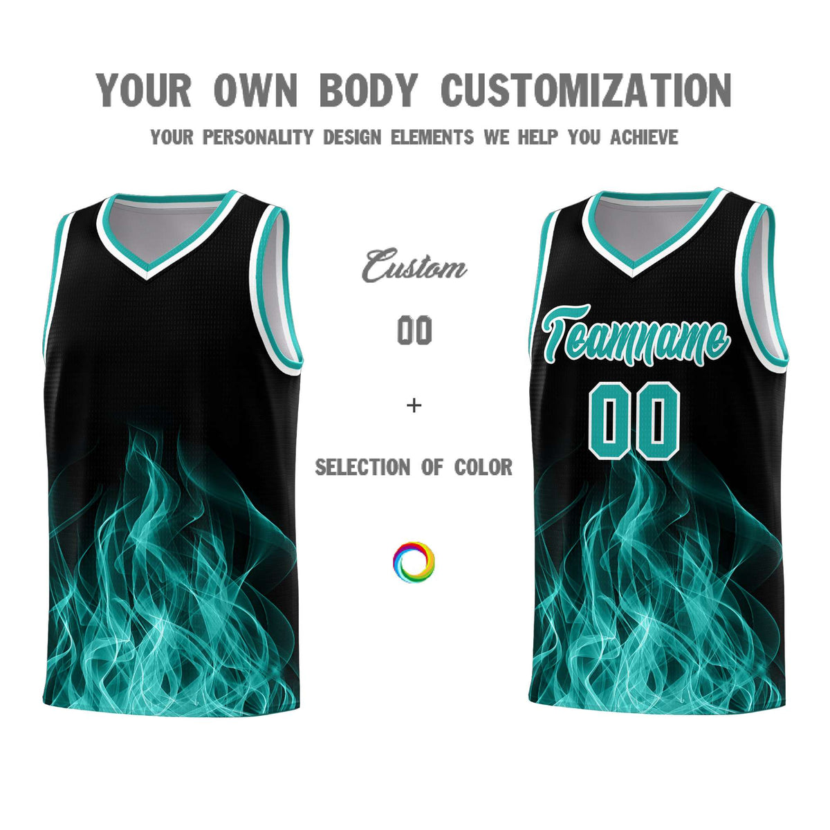 Custom Youth Basketball Jersey Black Aqua Flame Design Unique Team Uniform Set