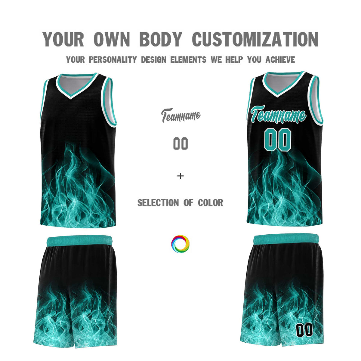 Custom Youth Basketball Jersey Black Aqua Flame Design Unique Team Uniform Set