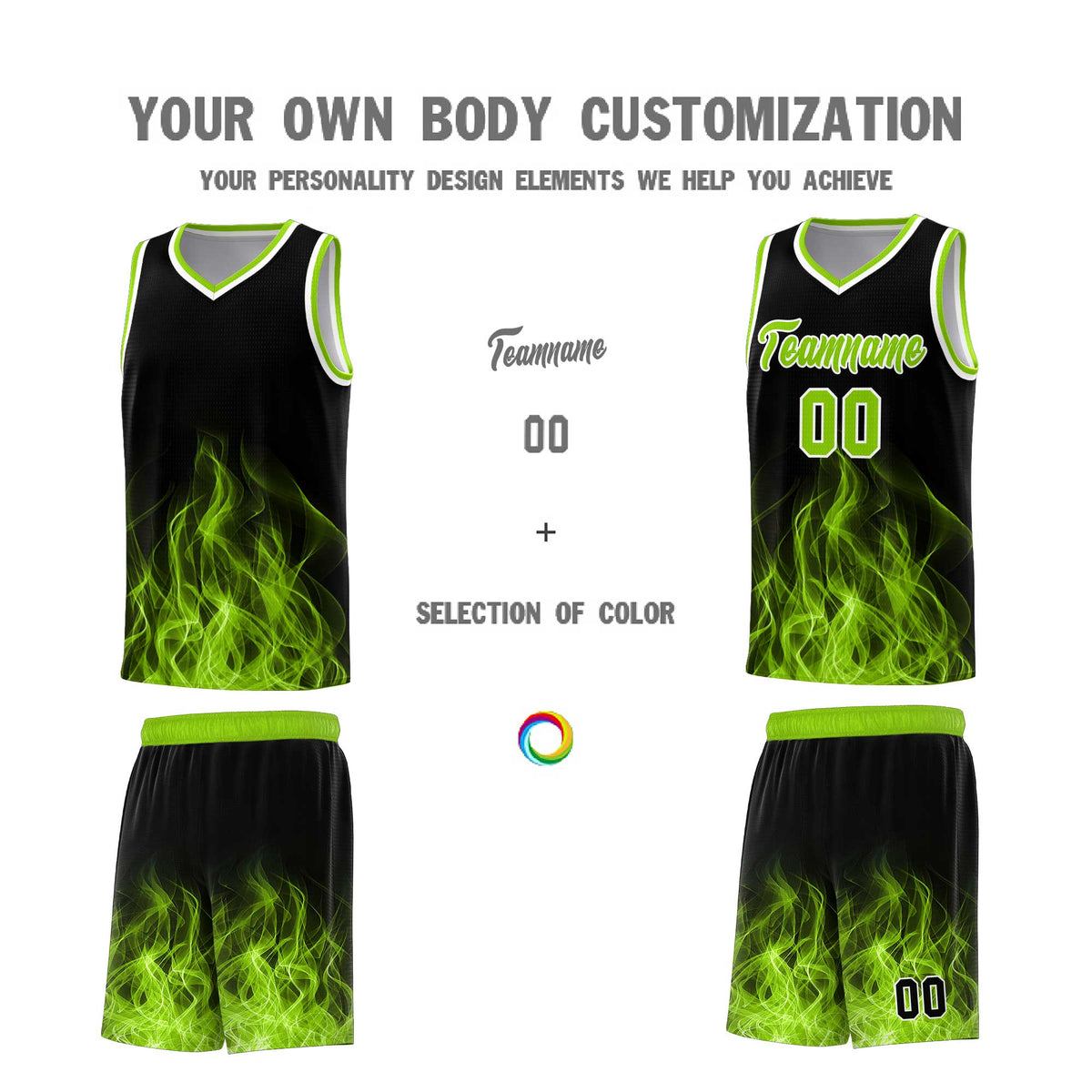 Custom Youth Basketball Jersey Black Neon Green Flame Design Personalized Team Uniform Set