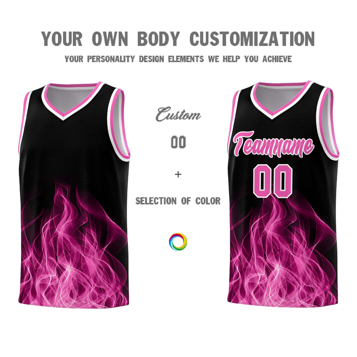 Custom Youth Basketball Jersey Black Pink Flame Fire Design Personalized Team Uniform Set