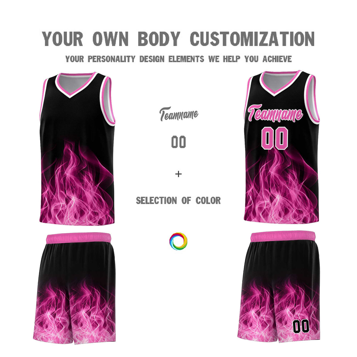 Custom Youth Basketball Jersey Black Pink Flame Fire Design Personalized Team Uniform Set
