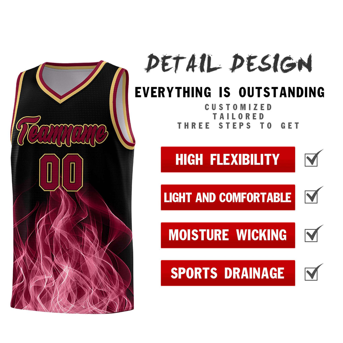 Custom Youth Basketball Jersey Black Crimson Flame Design Unique Team Uniform Set
