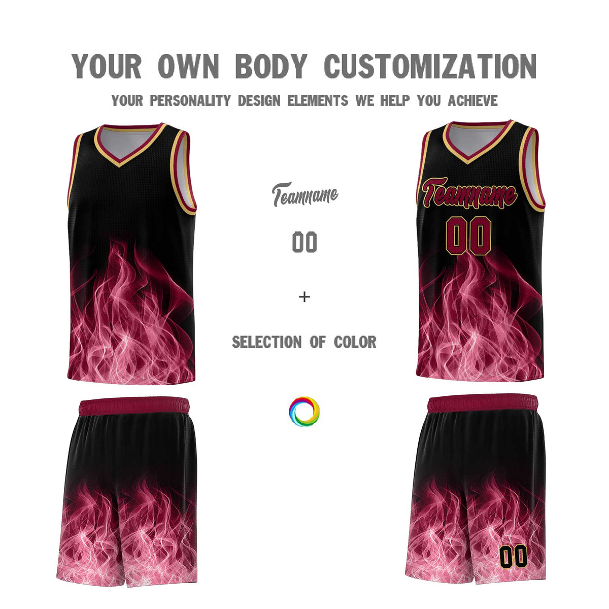 Custom Youth Basketball Jersey Black Crimson Flame Design Unique Team Uniform Set