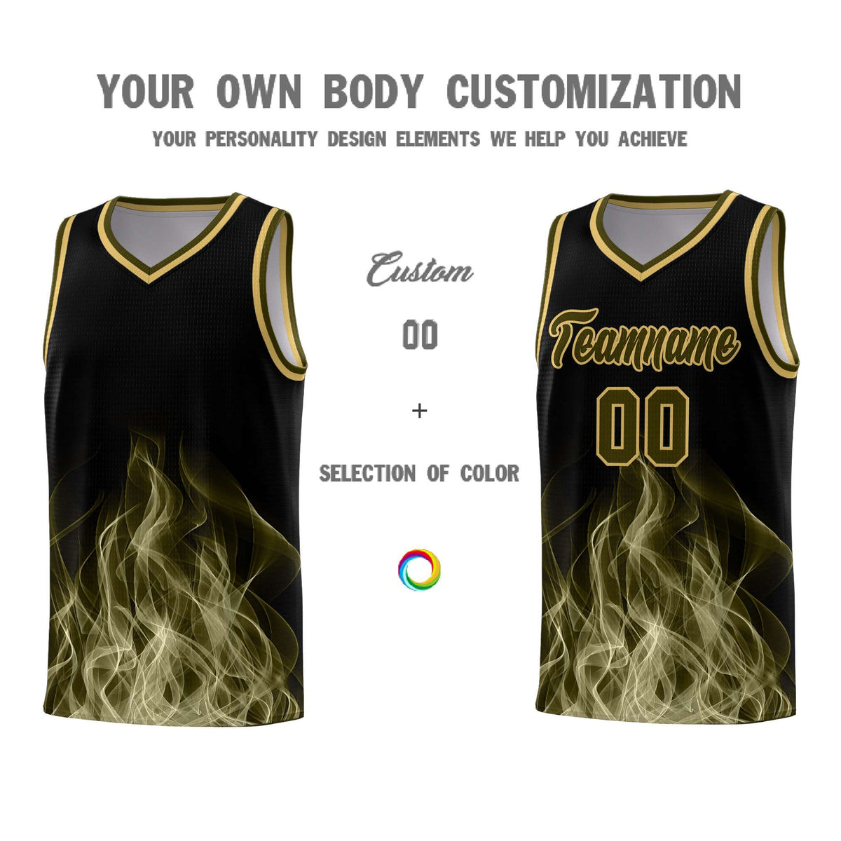 Custom Youth Basketball Jersey Black Khaki Flame Design Personalized Team Uniform Set