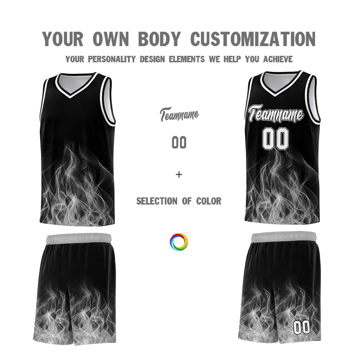Custom Youth Basketball Jersey Black Gray Flame Fire Design Personalized Team Uniform Set