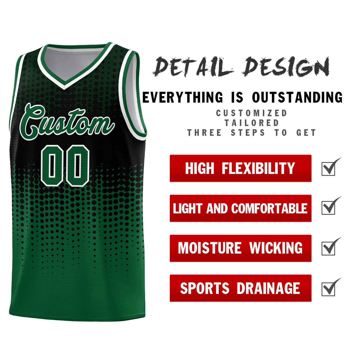 Custom Kelly Green Gradient Dots Design Pattern Sports Uniform Basketball Jersey