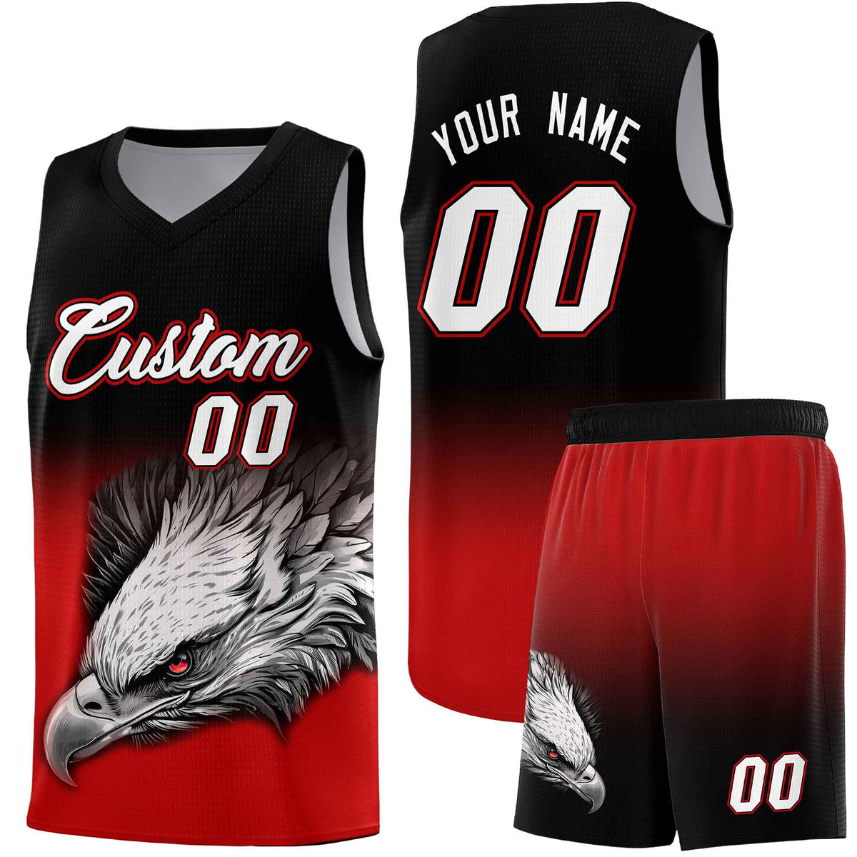 Custom Black Red Basketball Kits with Eagle Pattern