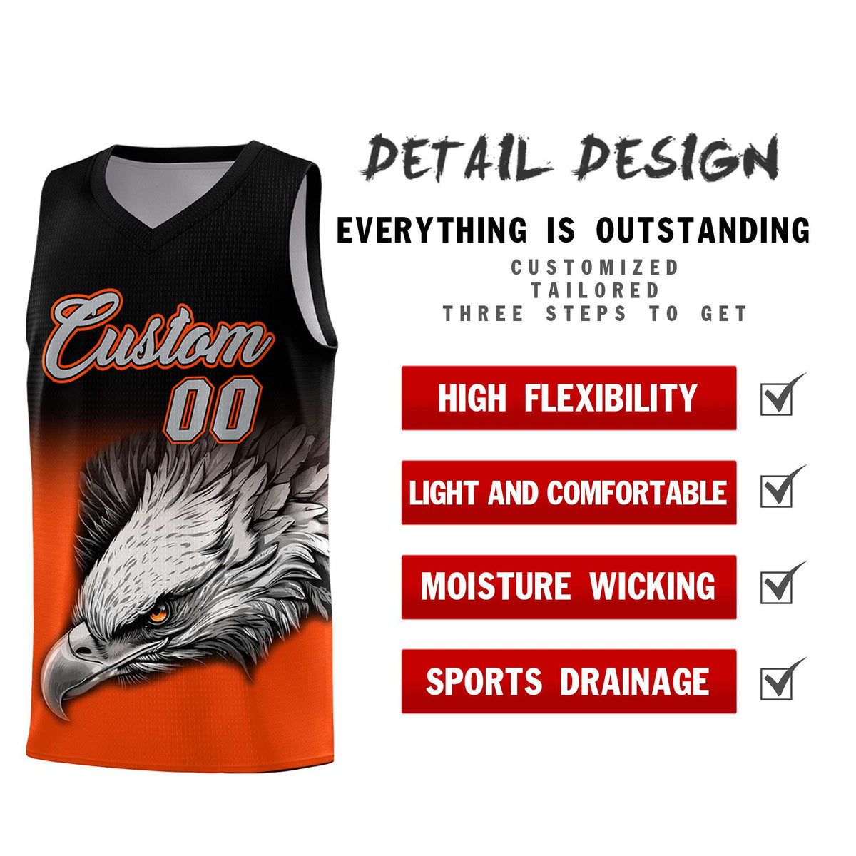 Custom Black Orange Basketball Kits with Eagle Pattern