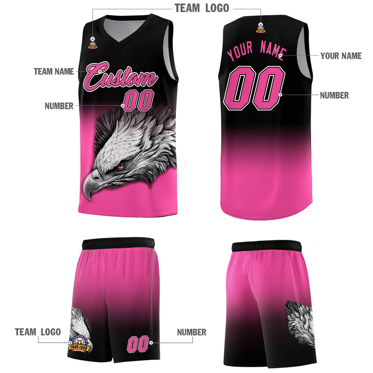 Custom Black Pink Basketball Kits with Eagle Pattern