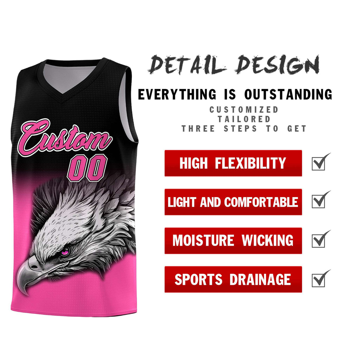 Custom Black Pink Basketball Kits with Eagle Pattern
