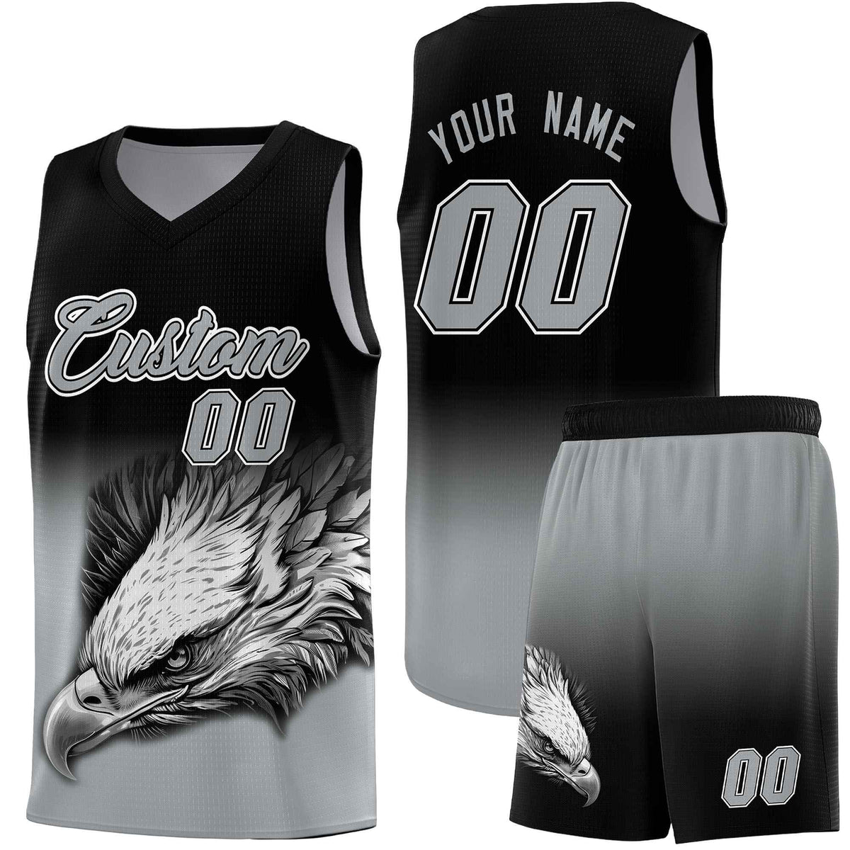 Custom Black Gray Basketball Kits with Eagle Pattern