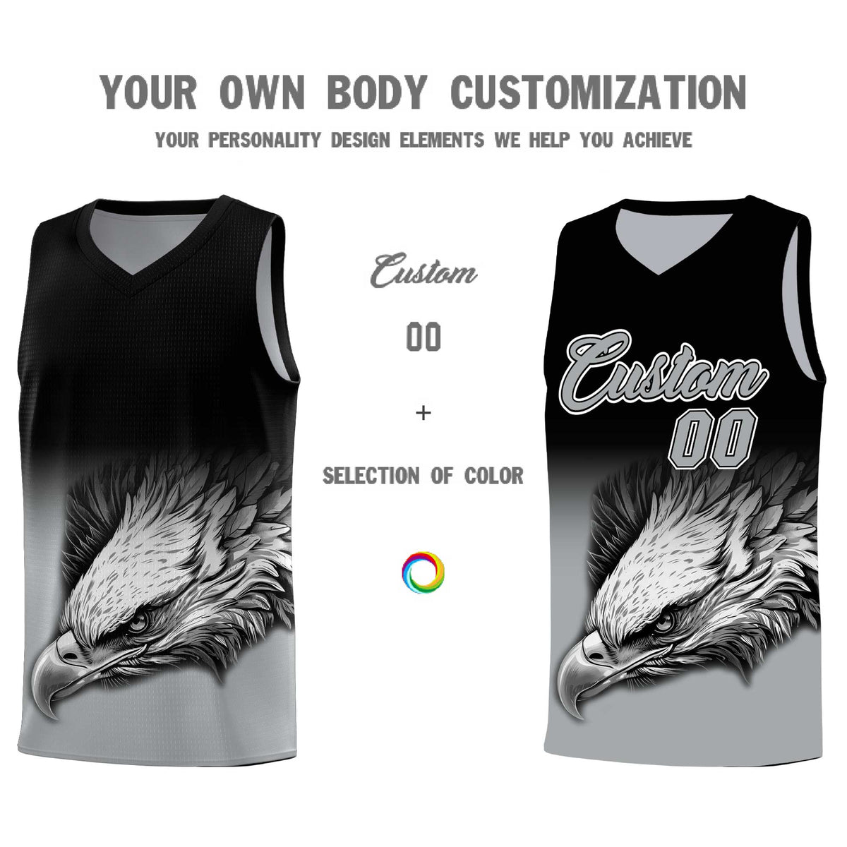 Custom Black Gray Basketball Kits with Eagle Pattern