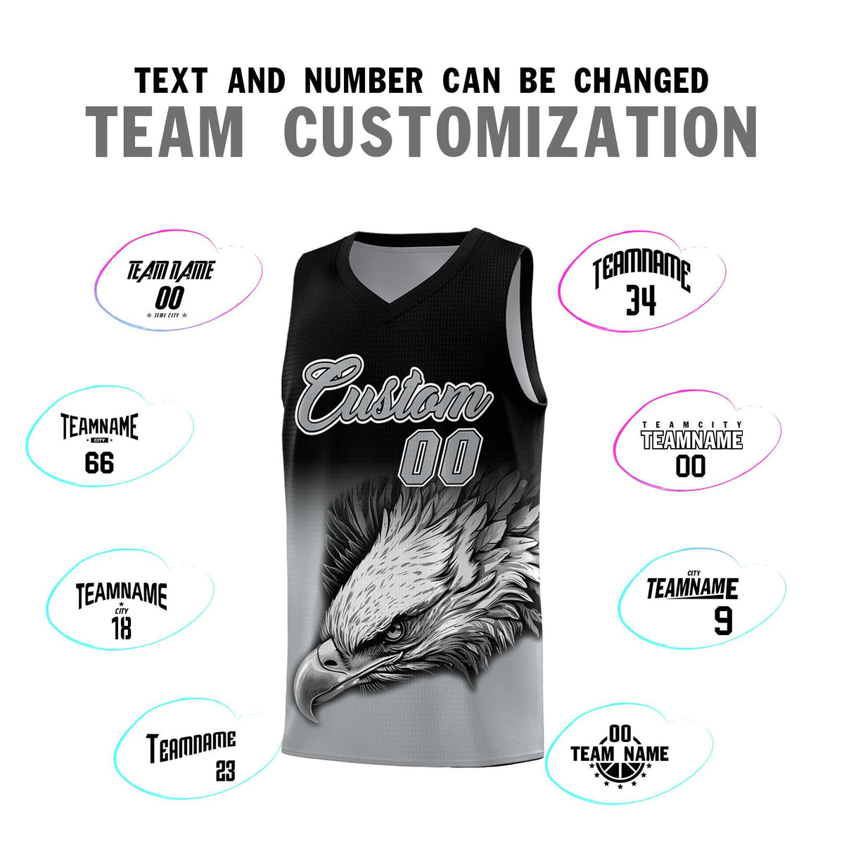 Custom Black Gray Basketball Kits with Eagle Pattern