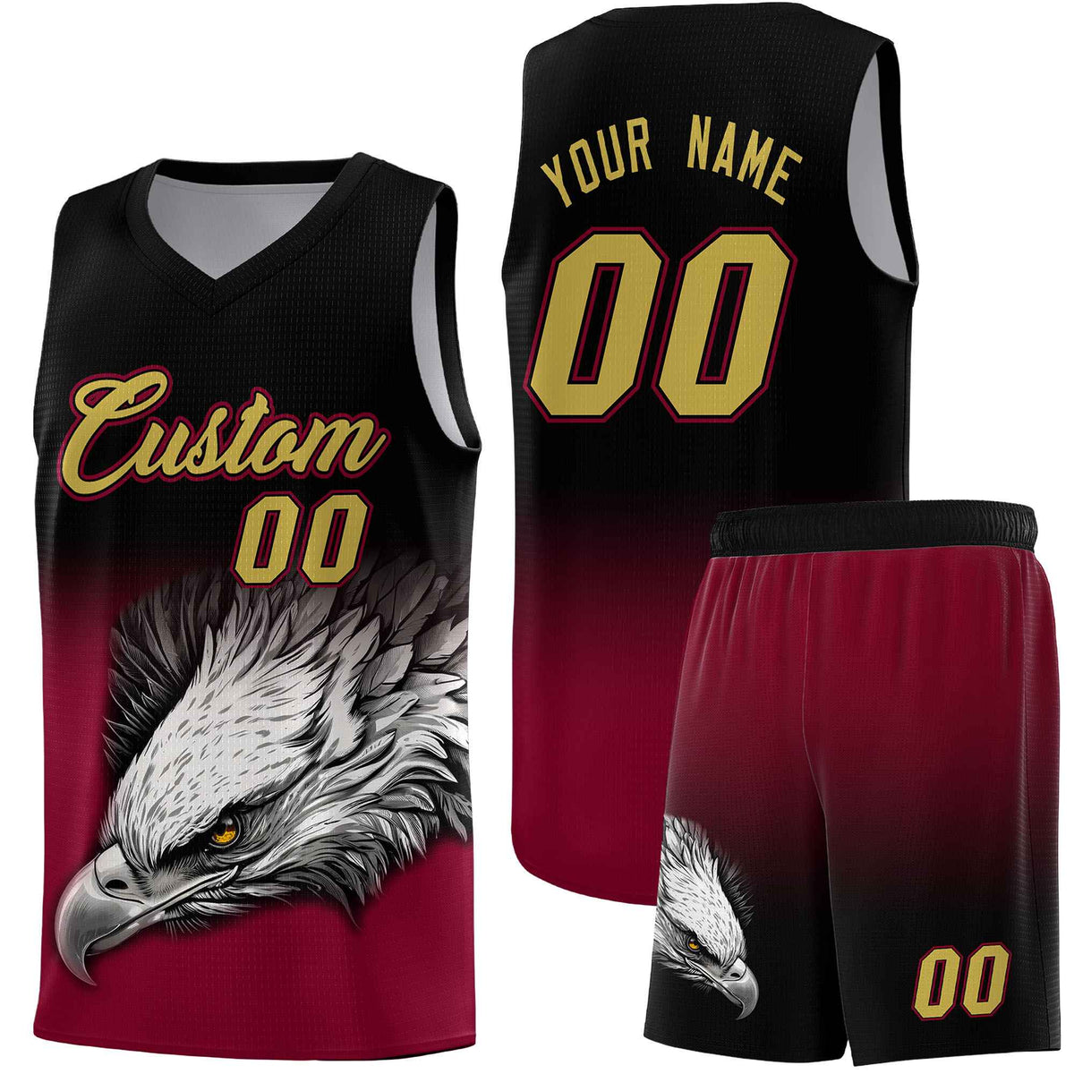 Custom Black Crimson Basketball Kits with Eagle Pattern