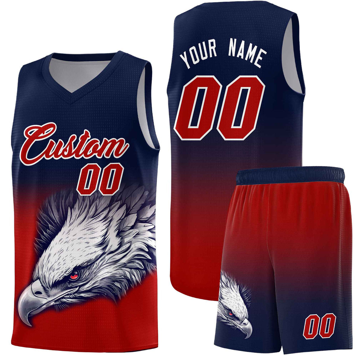 Custom Navy Red Basketball Kits with Eagle Pattern