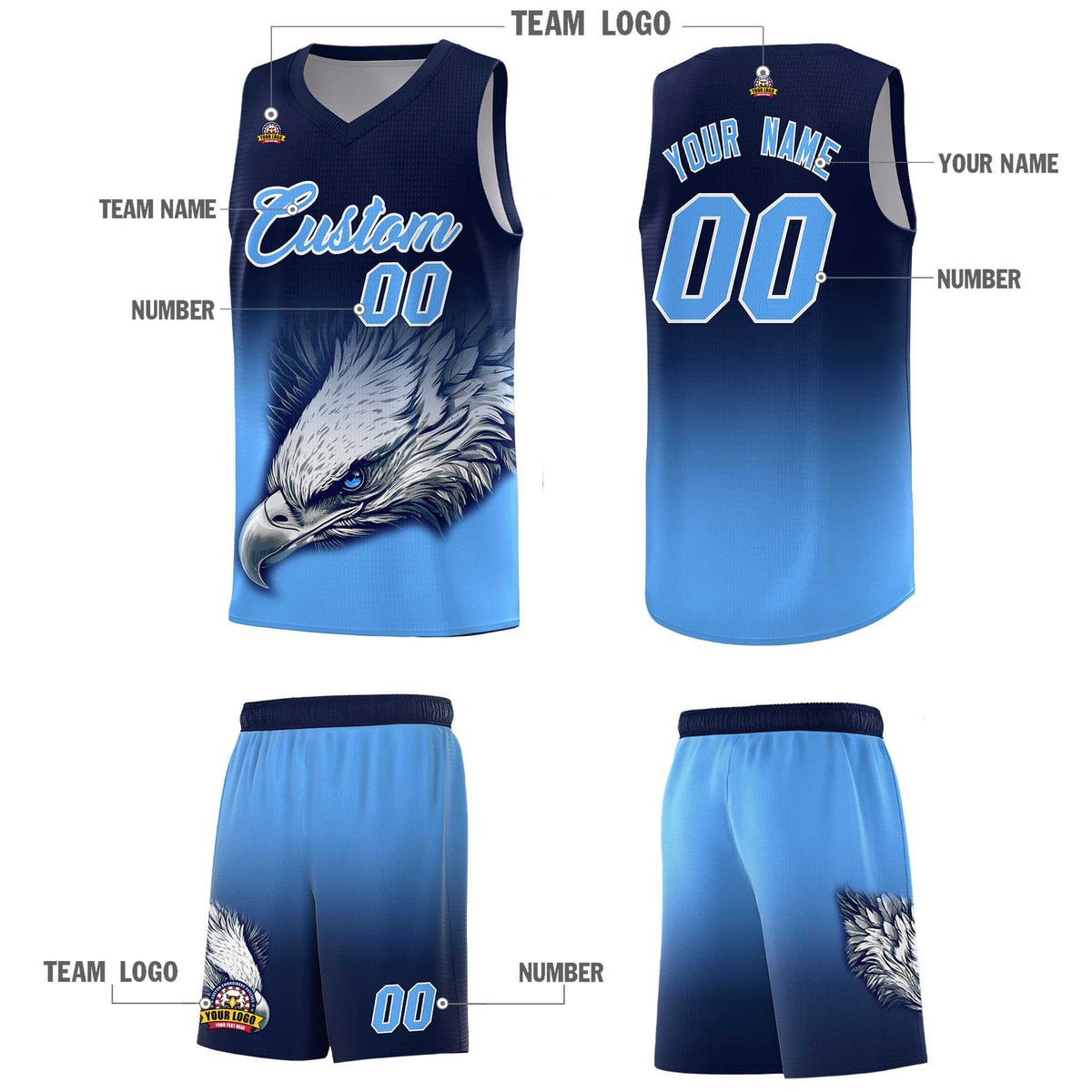 Custom Navy Powder Blue Basketball Kits with Eagle Pattern