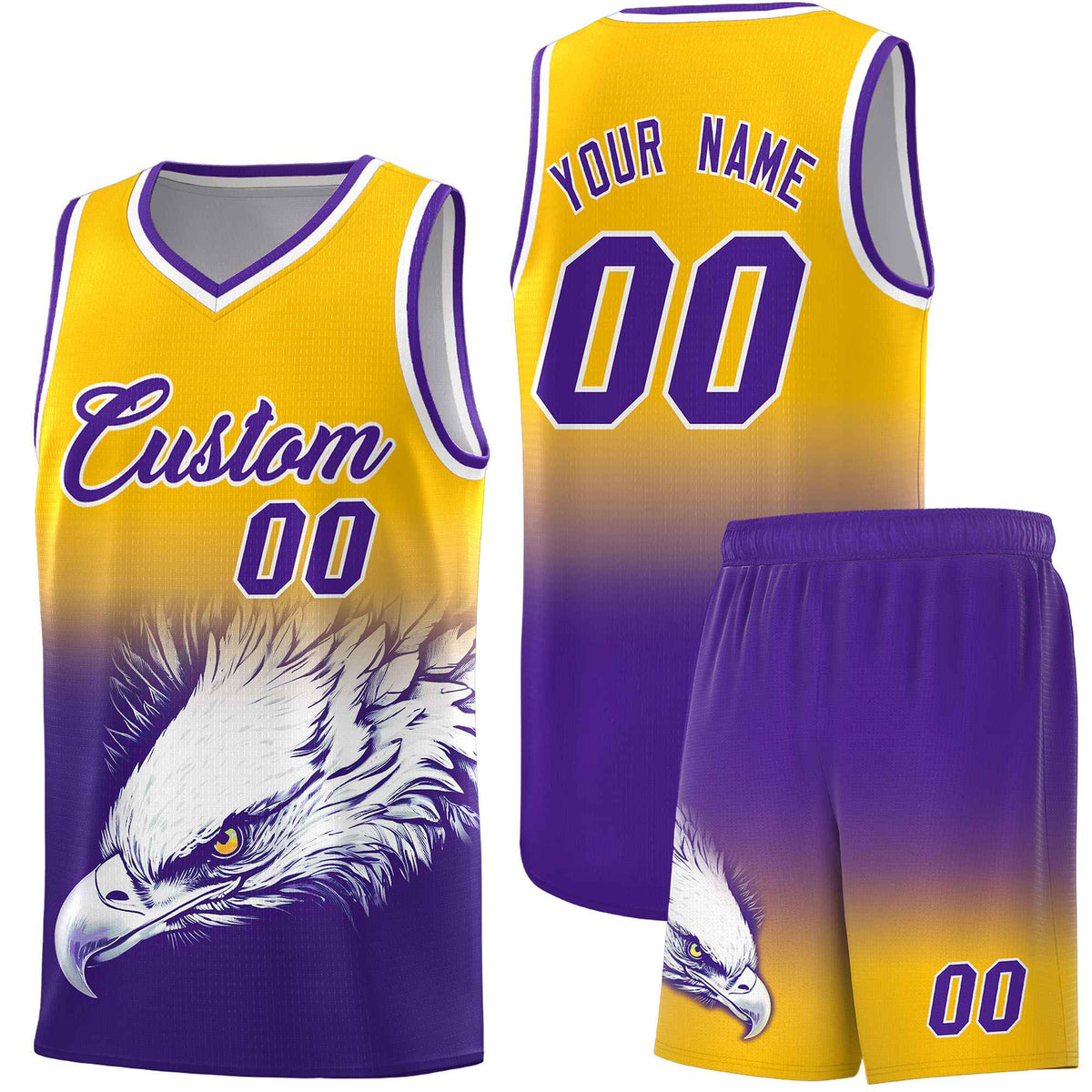 Custom Yellow Purple Basketball Kits with Eagle Pattern
