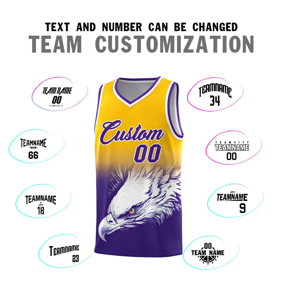 Custom Yellow Purple Basketball Kits with Eagle Pattern