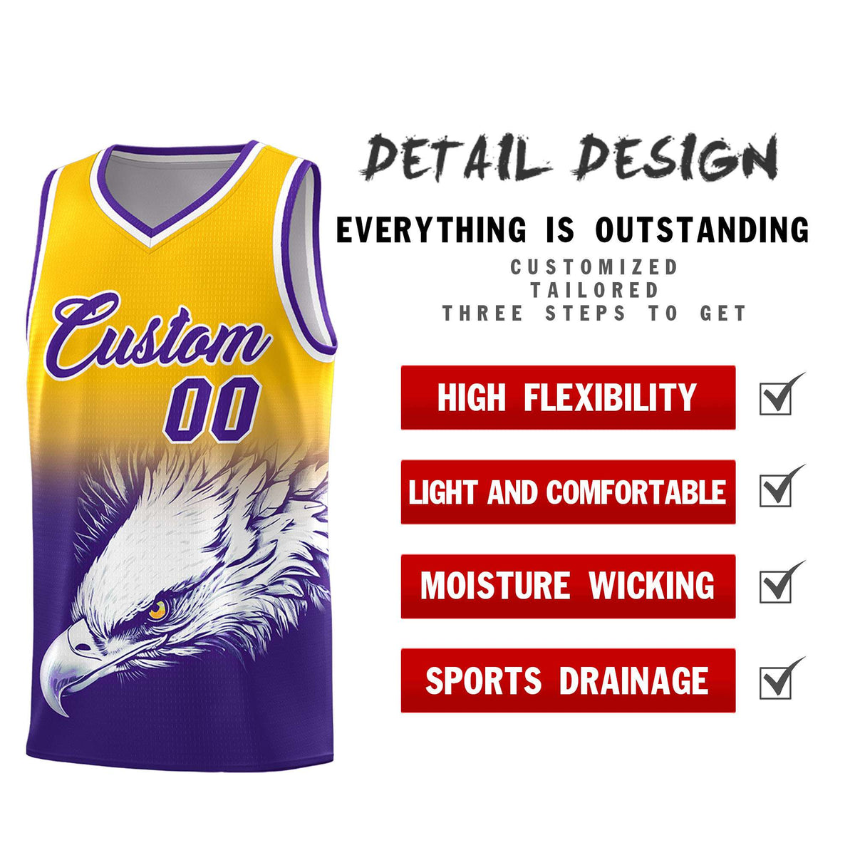 Custom Yellow Purple Basketball Kits with Eagle Pattern