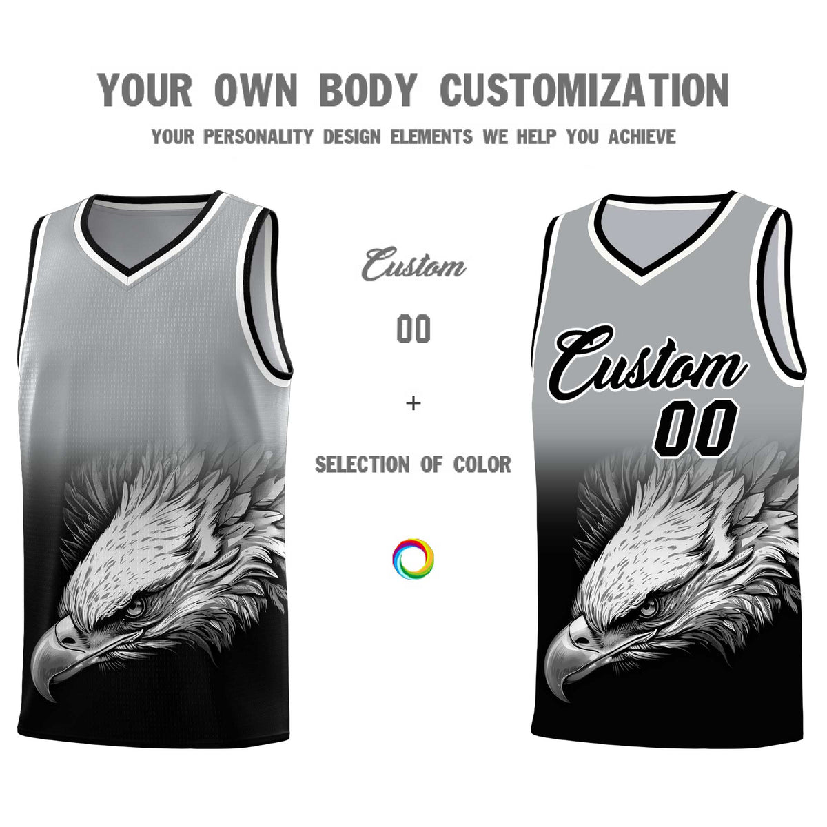 Custom Gray Black Basketball Kits with Eagle Pattern
