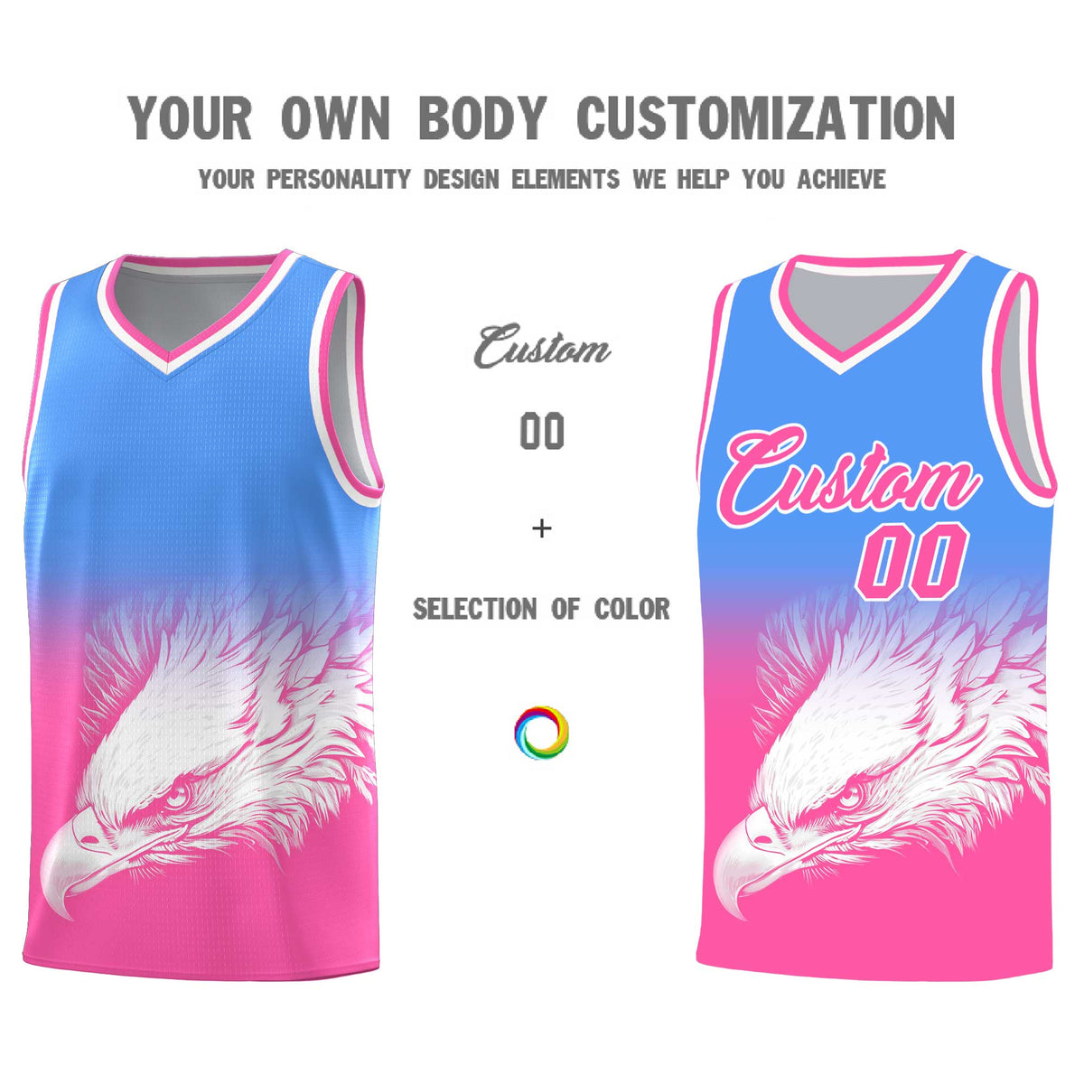 Custom Powder Blue Pink Basketball Kits with Eagle Pattern
