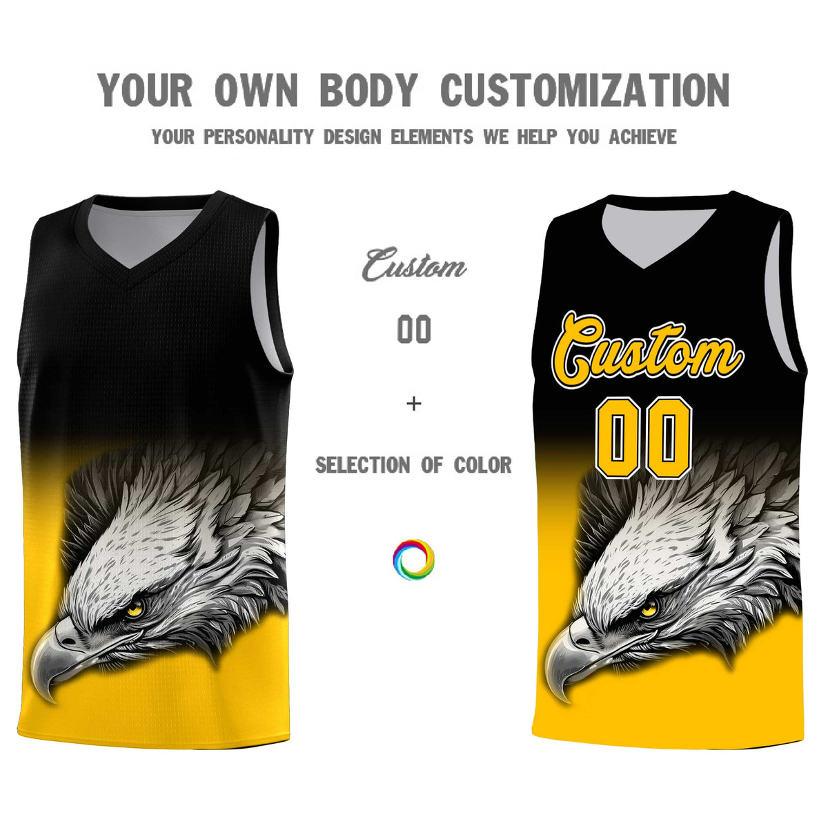 Custom Black Yellow Basketball Kits with Eagle Pattern