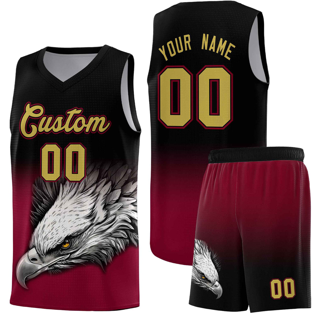 Custom Black Crimson Basketball Kits with Eagle Pattern