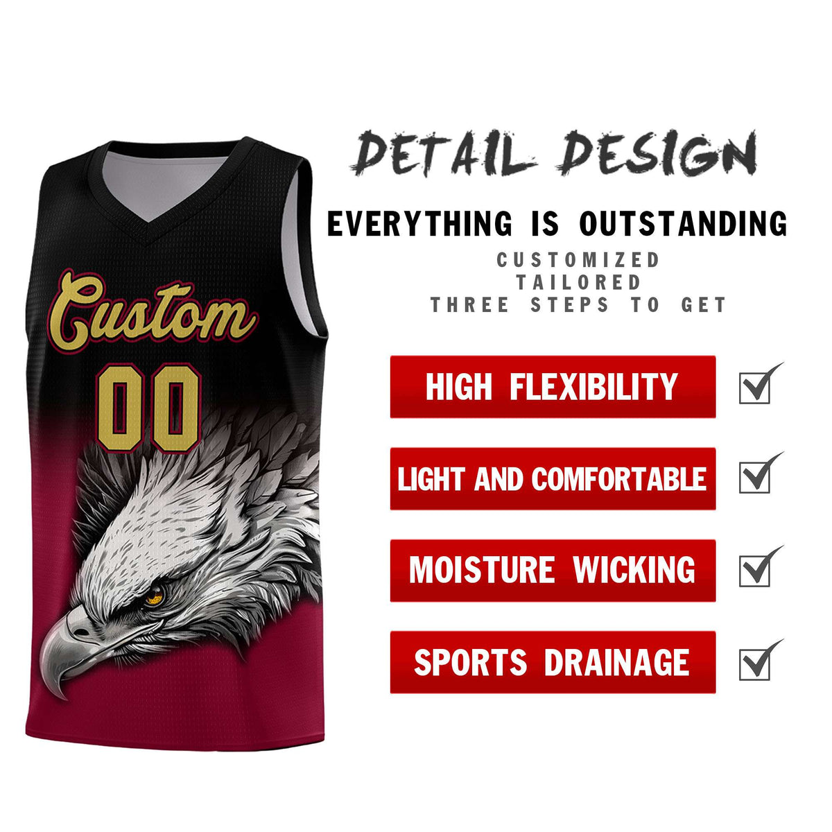 Custom Black Crimson Basketball Kits with Eagle Pattern
