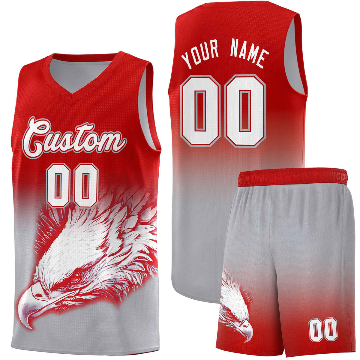 Custom Red Gray Basketball Kits with Eagle Pattern