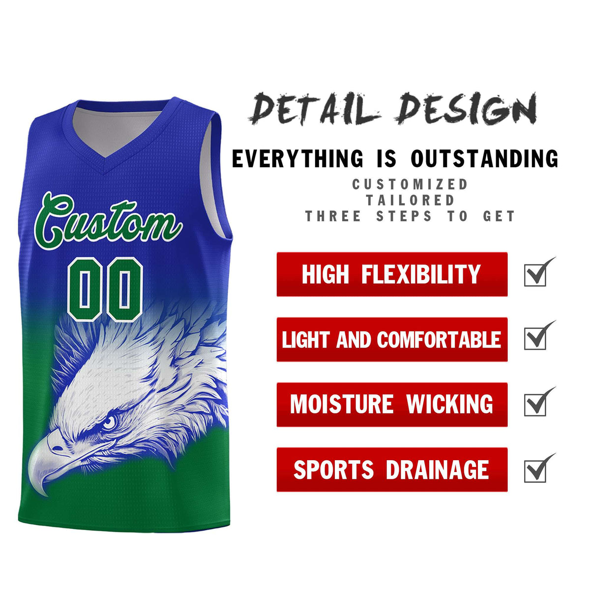 Custom Royal Kelly Green Basketball Kits with Eagle Pattern