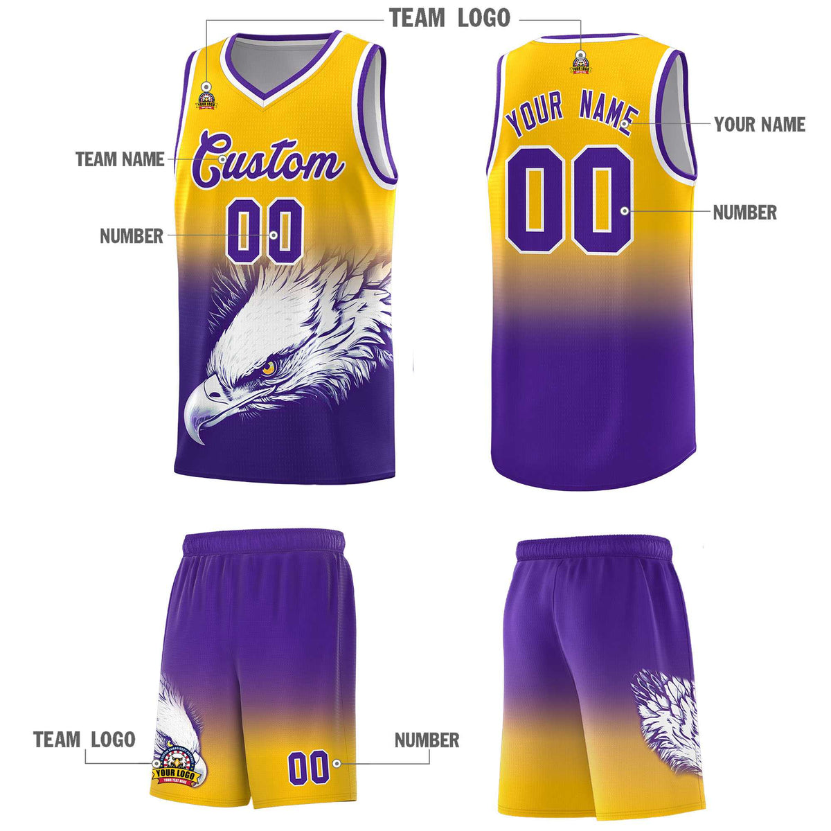 Custom Yellow Purple Basketball Kits with Eagle Pattern